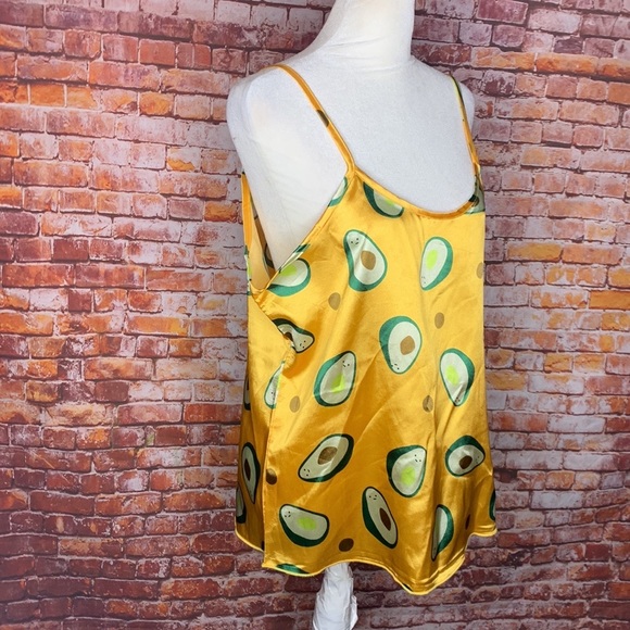Two Piece Yellow Satin Avocado Print Shortie Pajama Set - Picture 4 of 11